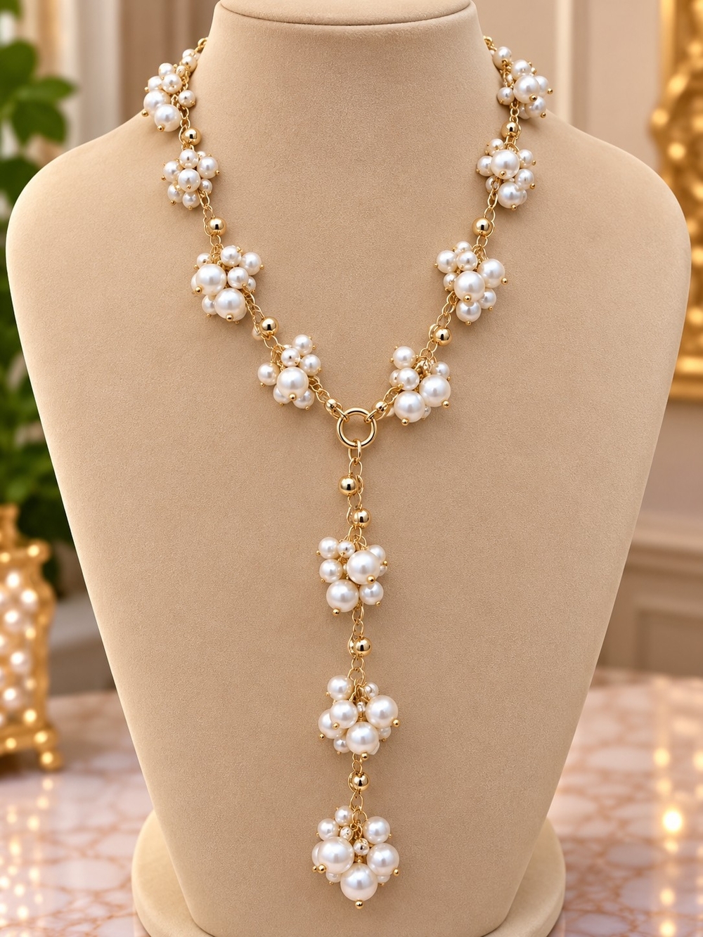 Gold and White Pearl Cluster Lariat Necklace - Women Jewelry 179